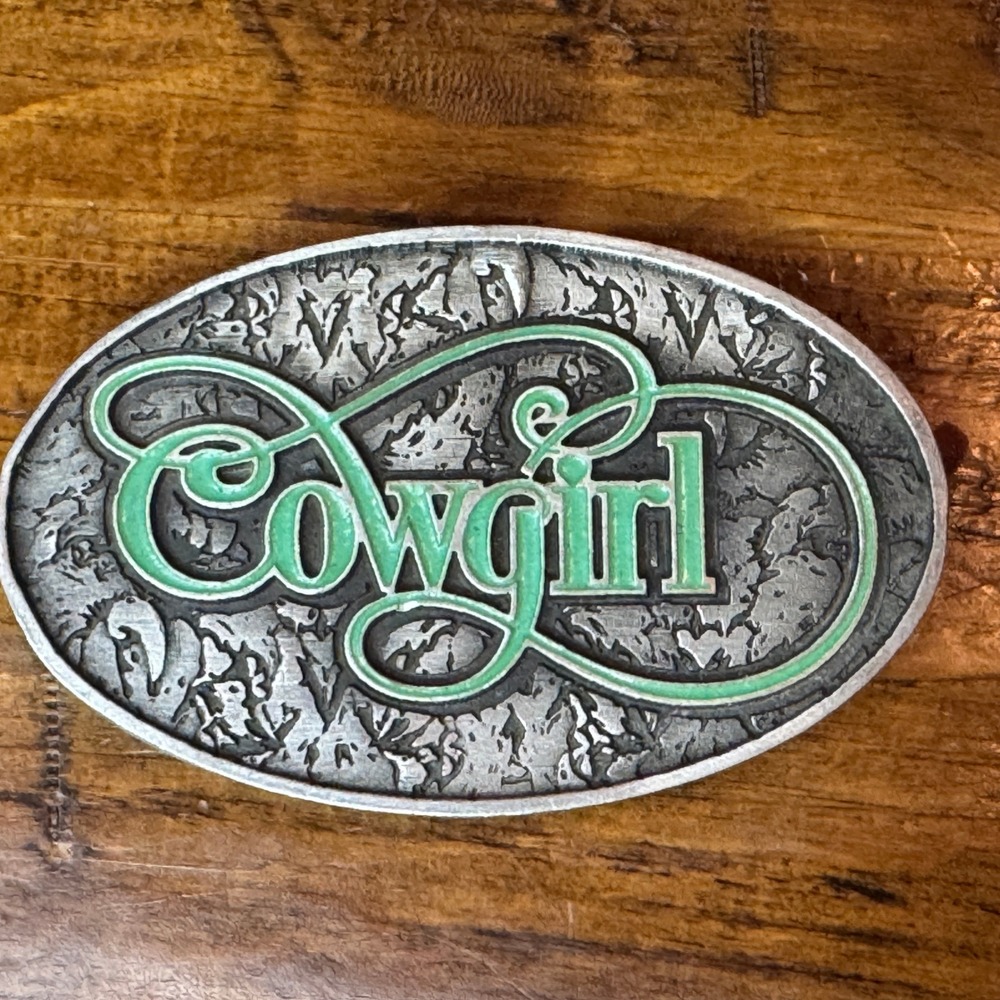 Cowgirl Western Belt Buckle Silver Tone Green Script Oval Rodeo Style Accessory